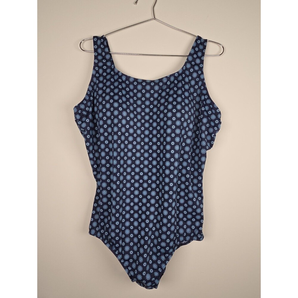 Lands End Tugless Tank One Piece Swimsuit Size 20 Plus Mandala Navy Molded Cup